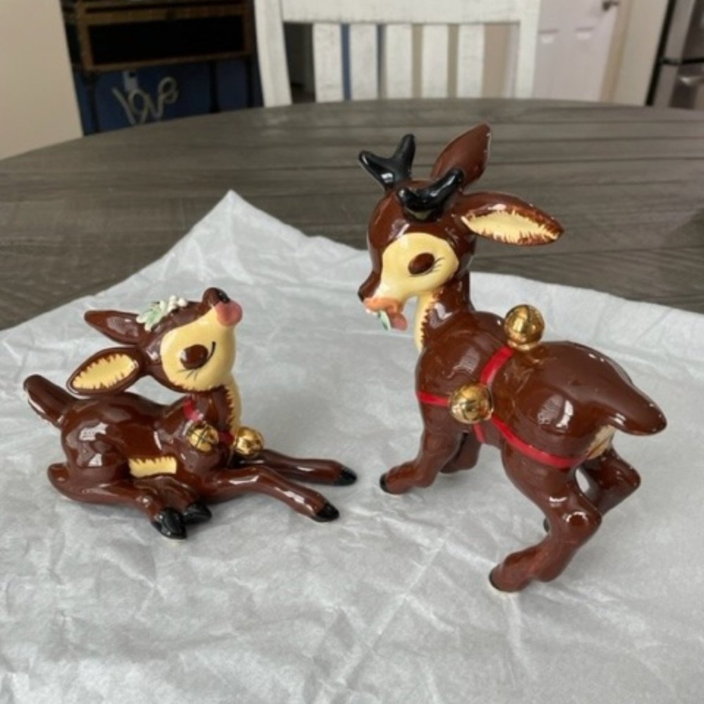 VTG Napco Ceramic Jingle Bell Reindeers 1950s